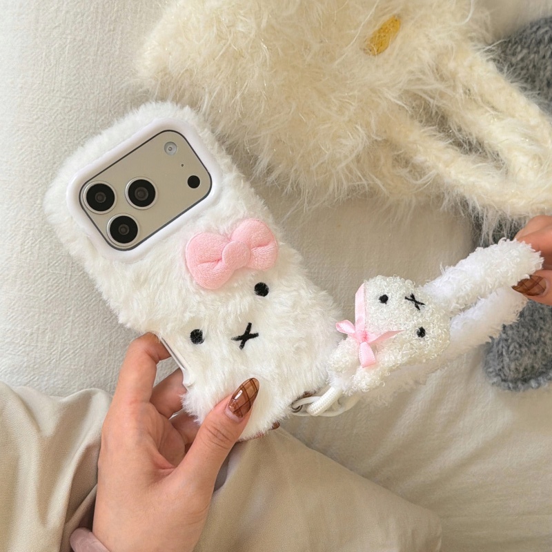 Cute Cartoon Wrist Strap Silicone Case - Simpatico cartone animato bianco soffice pelliccia