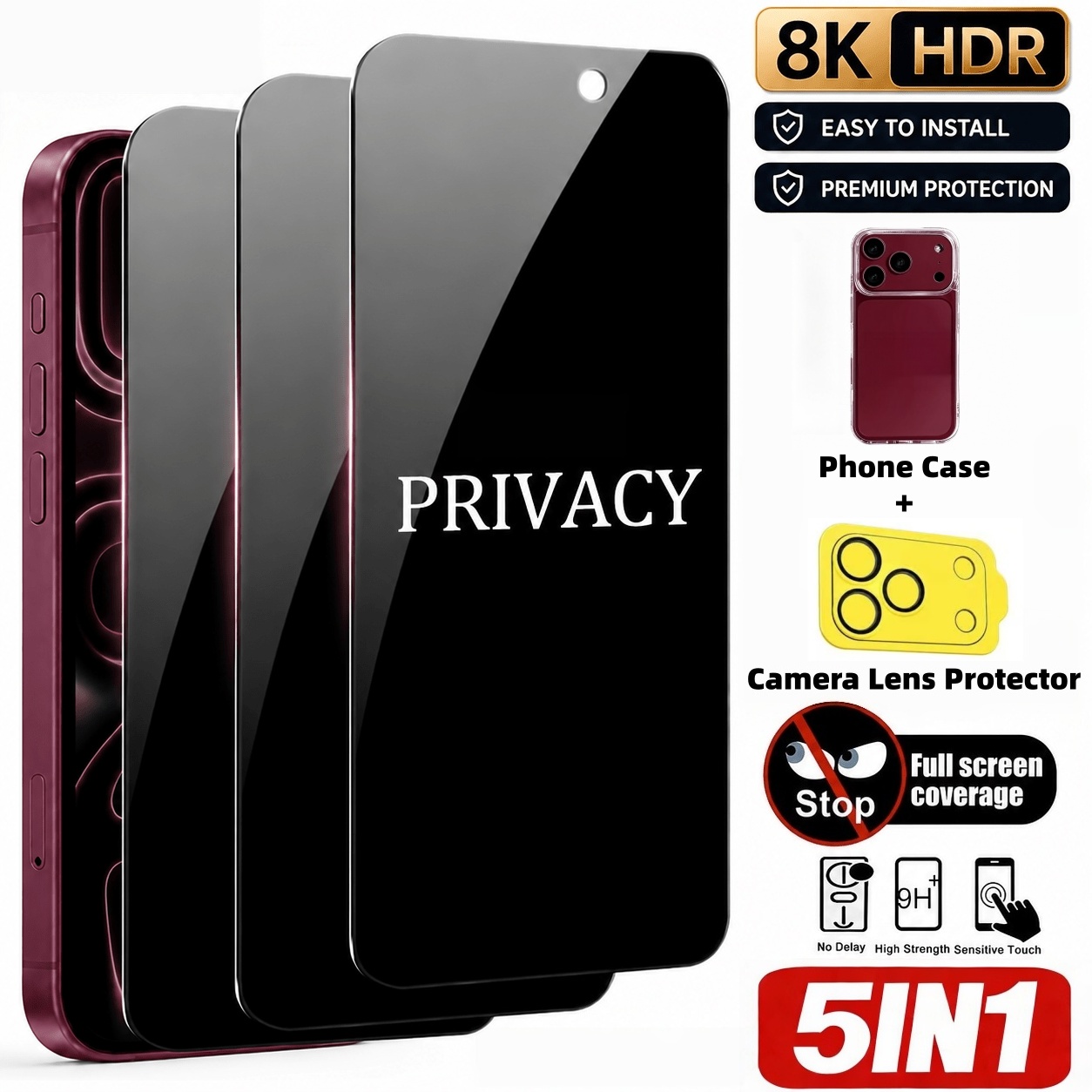 Anti Spy Privacy Glass Case - [Set da 5 Pezzi] 3 Pellicole