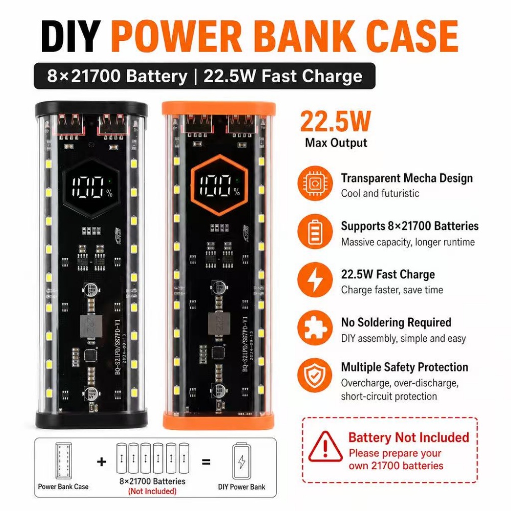 Power Banks - Contenitore per 8 batterie 21700, ricarica